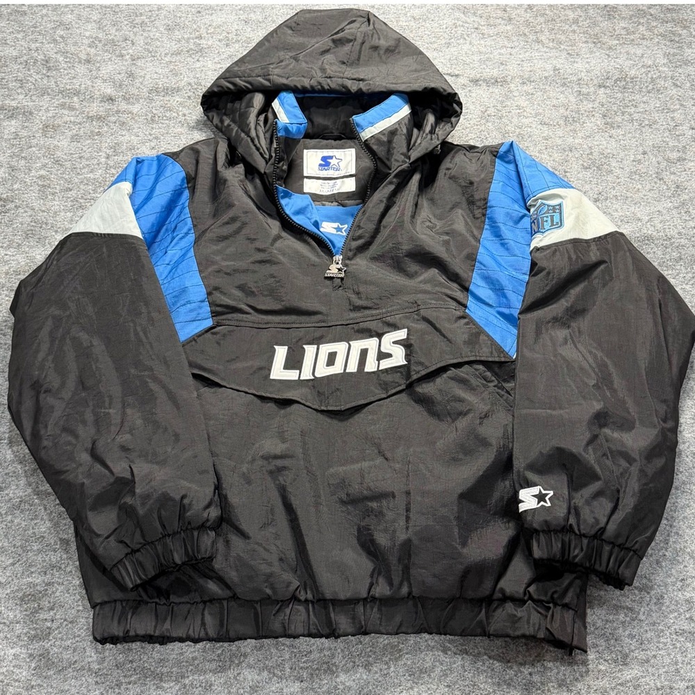NWOT Mens M Vintage Style Starter NFL Detroit Lions Hooded Pullover Jacket Black